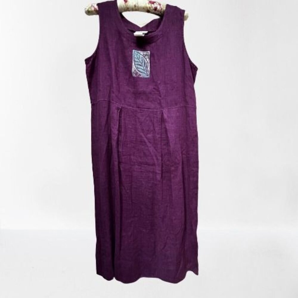 Vintage Studio Ease 100% Linen Purple Maxi Tank Dress Leaf Print Size 10 USA